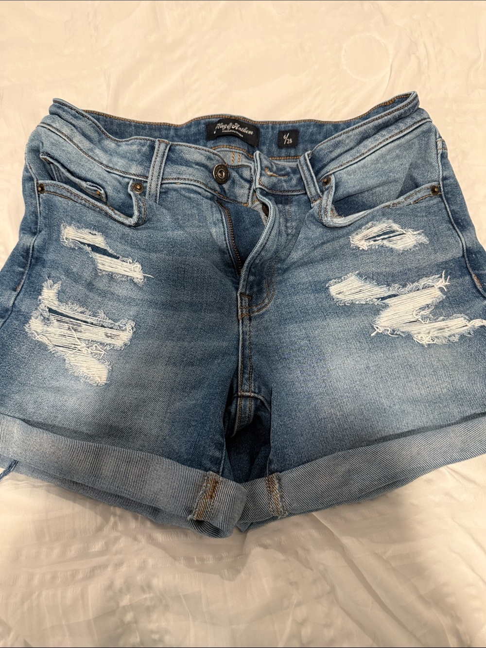 Free People Light Blue Distressed Rolled Hem Denim Shorts